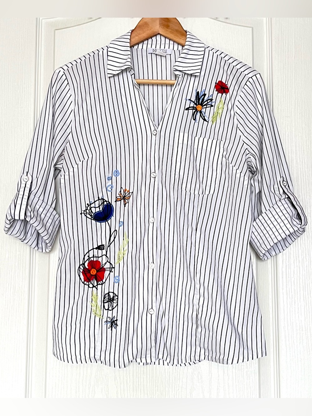 Dolcezza Summer Bouquet Embroidered Striped Blouse Sz S Mixed Media Art To Wear